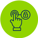 A drawing of a finger touching a fingerprint scanner which opens a padlock